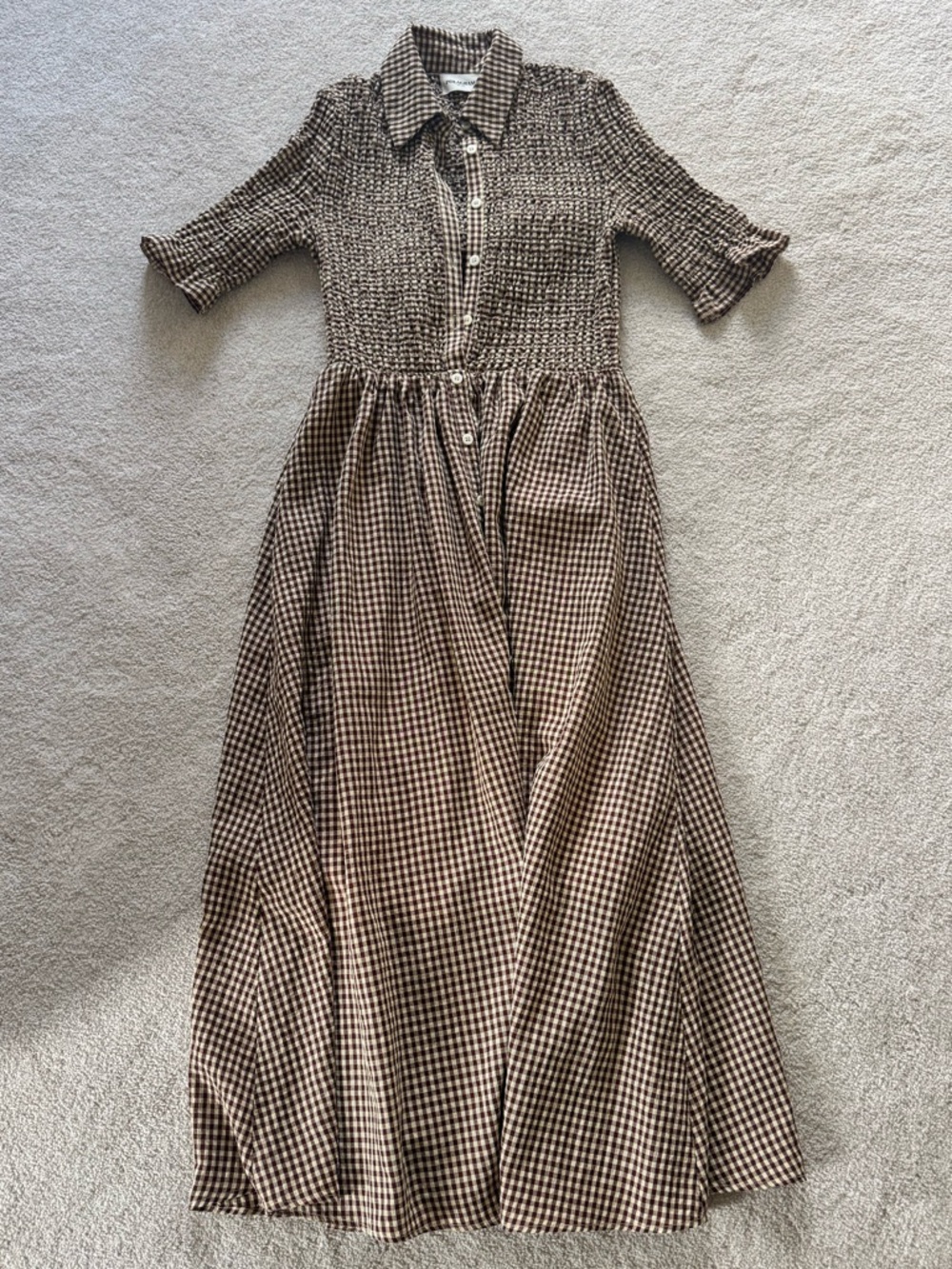 PinkBlush Mocha Gingham Smocked Button Down Maternity Midi Dress in Size S - Picture 5 of 10